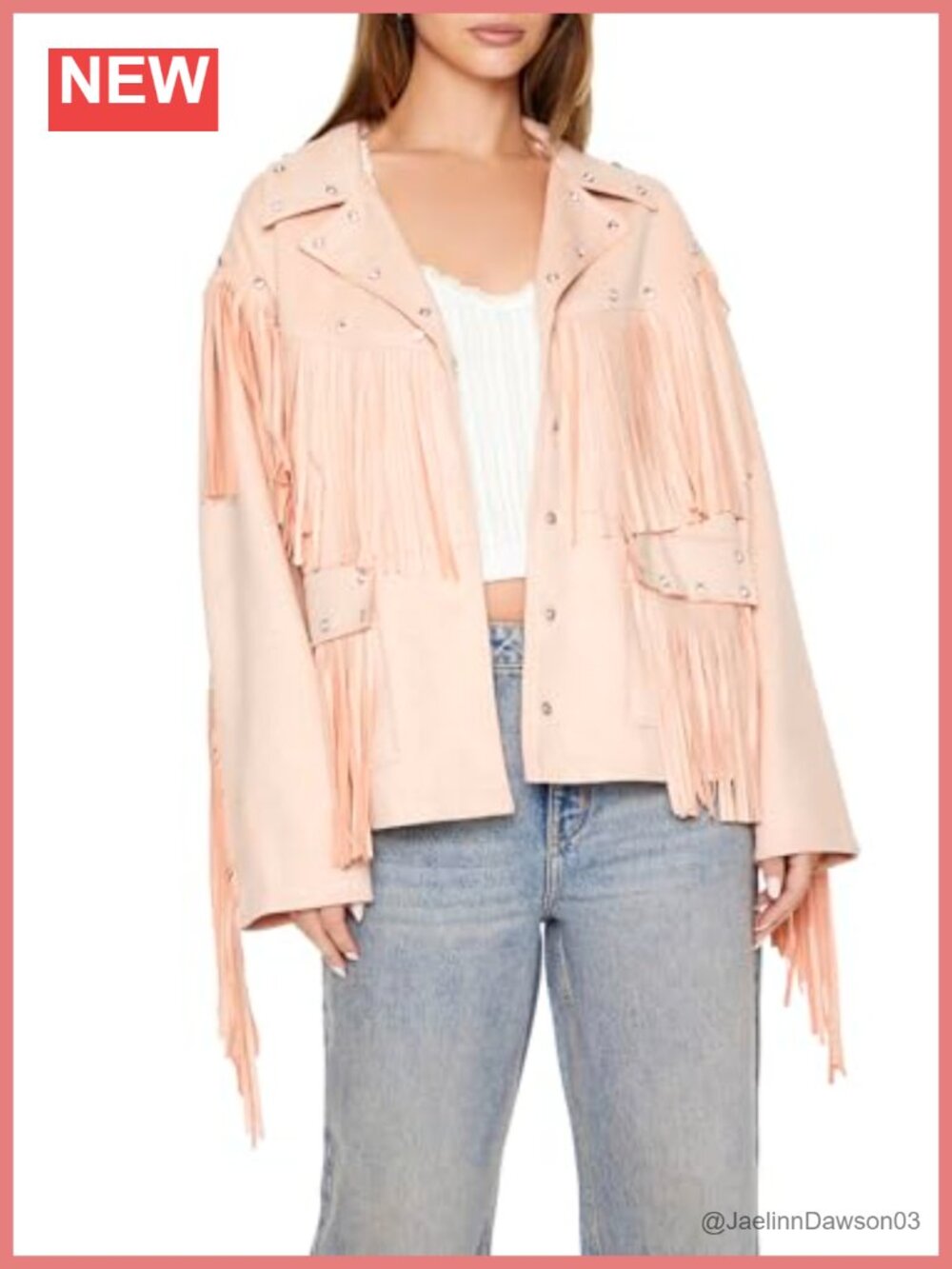 Faux Suede Fringe & Gem Jacket Notch Collar Zip Long Sleeve